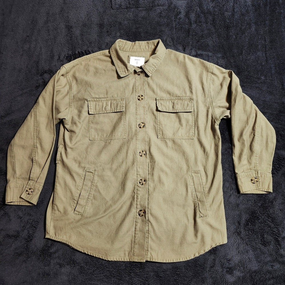 Forever 21 Mens Olive Green Utility Shirt Jacket Shacket Size Large Pocketed
